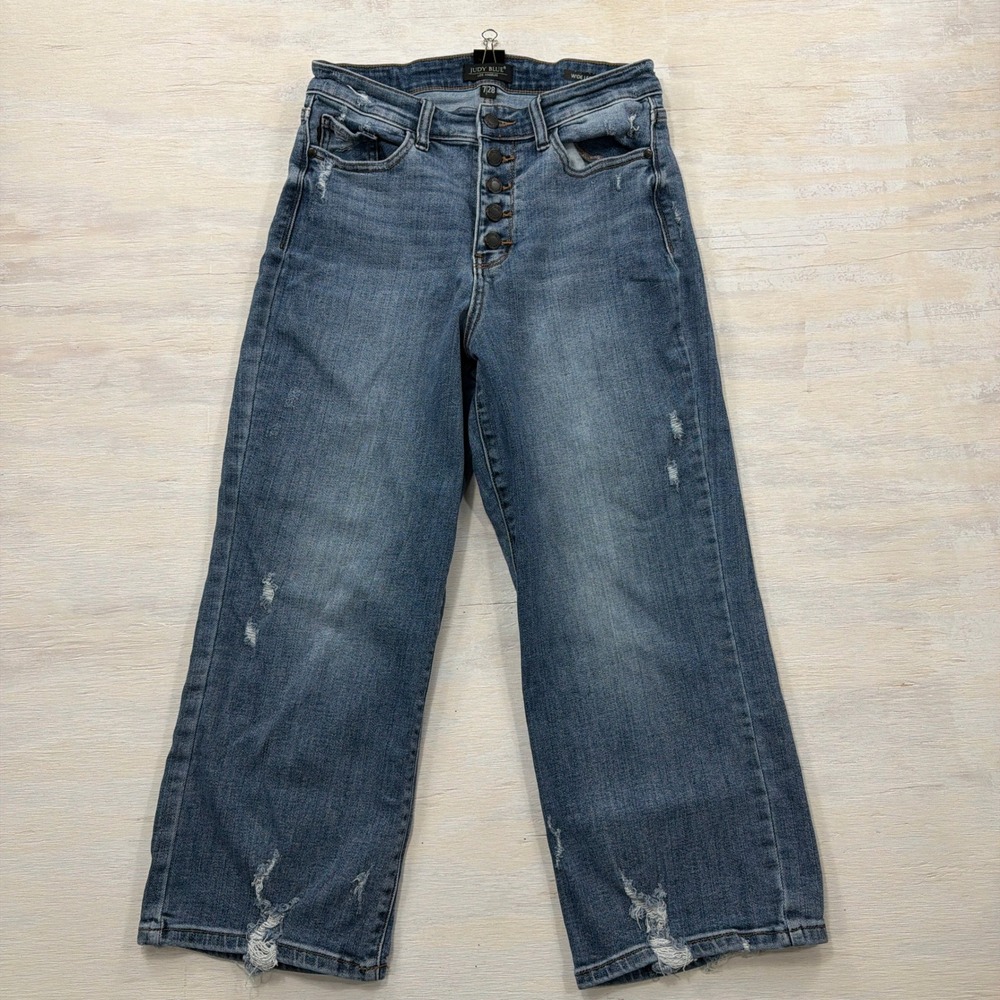 Judy Blue Jeans Wide Leg 7/28 High Rise Button Fly Distressed Blue Womens